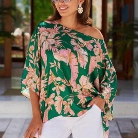 Boston Proper Tropical Slouchy Charmeuse Palm Blouse Top L/XL - Picture 2 of 9